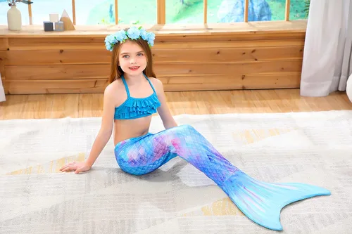 Vista 8 de DNFUN Colas de sirena con bikini para niñas, traje de baño de sirena para niños, sin monoaleta