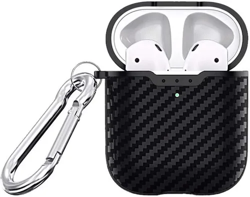 Compatible con auriculares Airpods 1 y 2, fibra de carbono fresco grano militar anti-caída flexible TPU protector antidedos con llavero negro
