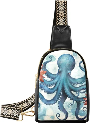 Sling Backpack Octopus Vintage Sling Bag for Women Crossbody Shoulder Bag Leather Fanny Pack Chest Bag for Travel Hiking 202A1795