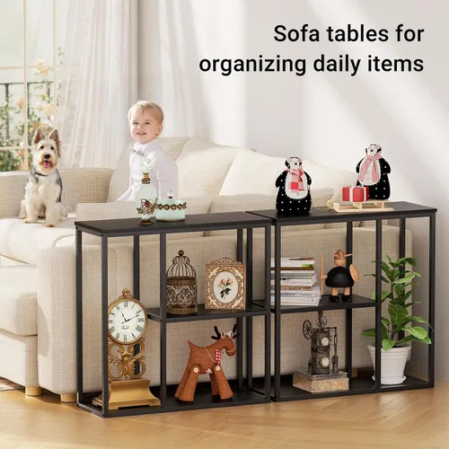 Vista 6 de WOHOMO Mesa consola, mesa de entrada estrecha de 12 pulgadas para sala de estar, 31.5 x 31.5 pulgadas, mesa de sofá industrial negra con estantes