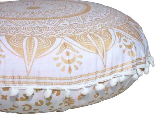 Vista 23 de Funda redonda para cojín de mandala, estilo hippie, bohemio, otomana, con pompones, funda decorativa, boho, india, 22 pulgadas (multicolor Yin yang)