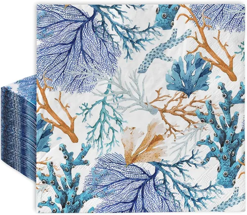 AnyDesign Paquete de 80 servilletas de papel de verano de 6.5 x 6.5 pulgadas, estampado coral océano, servilletas de papel desechables de acuarela