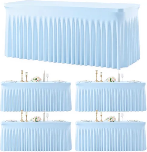 Vista 11 de Paquete de 2 manteles color azul bebé para mesas rectangulares de 6 pies, mantel ajustable de elastano, fundas de mesa elásticas de 6 pies, manteles