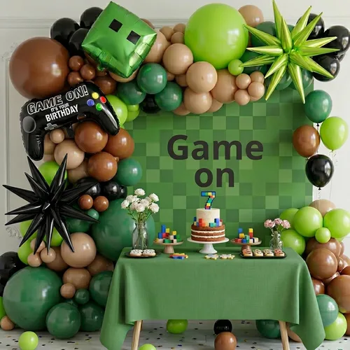 Kit de guirnalda de globos de videojuegos, 135 piezas, arco de globos de controlador verde y negro y marrón, decoración de noche de jugador para