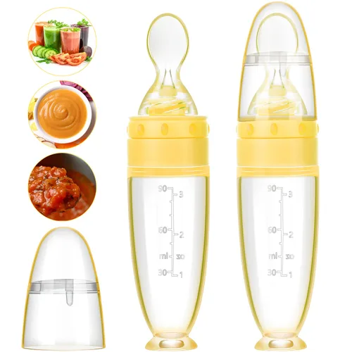 Vista 7 de 2 Piezas Cucharas de Silicona para Bebé, Cuchara de Alimentación para Bebé con Base de Apoyo para Infantes de 0-24 Meses, Dispensación y Azul