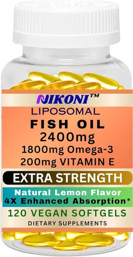 Nikoni Aceite de pescado extra fuerte, 2400 mg cápsulas blandas con más de 1800 mg de omega-3. Alto EPA y DHA capturado en la naturaleza, 120