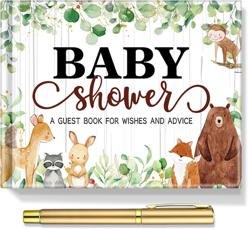 Fuyoooo Juego de 27 Piezas de Libro de Invitados para Baby Shower de Animales del Bosque Letrero de Baby Shower Libro Floral de Registro de