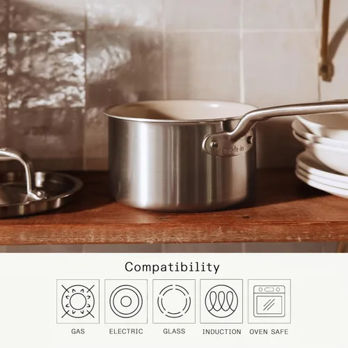 Vista 4 de Made In Utensilios de cocina Cacerola antiadherente de cerámica de 4 cuartos con tapa Revestimiento de acero inoxidable de 5 capas con mango que