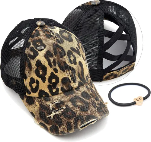 Vista 45 de C.C Gorra de béisbol de malla con diseño de estrella brillante, gorra de camionero ajustable para moño o cola de caballo Una banda elástica-negro