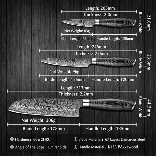 Vista 5 de XINZUO Cuchillo de cocina de 5 piezas, juego de cuchillos de chef profesional de acero de Damasco súper afilado con mango de madera de Pakkawood