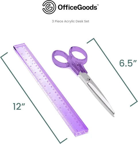 Vista 2 de OfficeGoods Juego de escritorio de acrílico de 3 piezas, incluye regla, removedor de grapas, tijeras, accesorios de escritorio funcionales