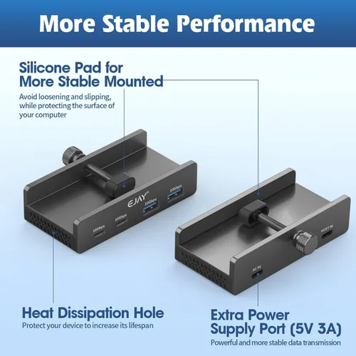 Vista 7 de EJAY 4 puertos 10Gbps USB-C HUB USB3.2 Abrazadera USB HUB Divisor, adaptador USB-C montable con cable de datos y alimentación para iMac 2021