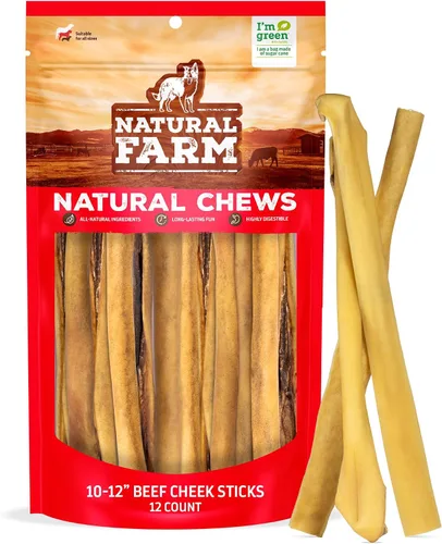 Natural Farm Palitos masticables de mejilla de buey, 10-12 pulgadas (paquete de 12) - Mejor alternativa a los palitos Bully, 100% mejillas naturales