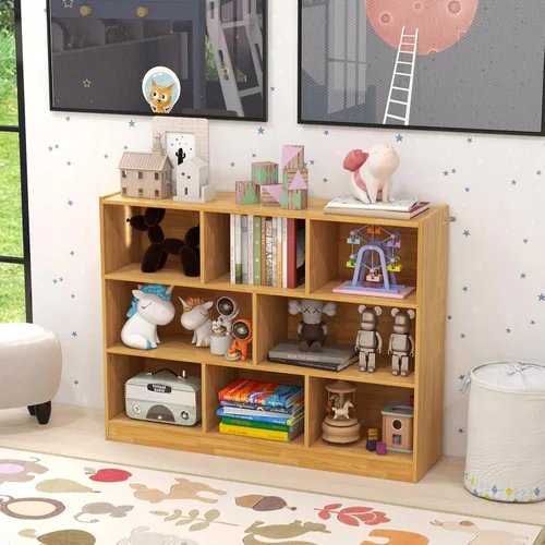 Vista 4 de Giantex Estantería de madera de 8 cubos, estantería independiente abierta de 3 niveles, estante de exhibición multiusos para sala de estar