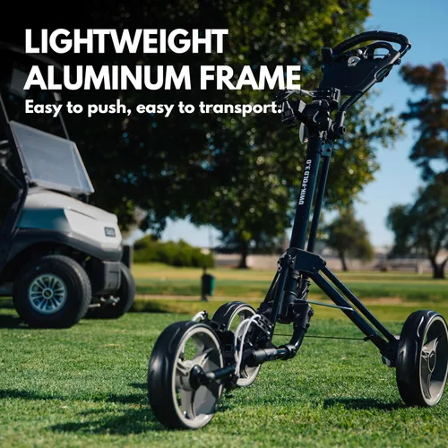 Vista 3 de Qwik-Fold Carrito de golf de empuje de 3 ruedas con freno de pie - Carrito plegable y desplegado en 1 segundo, marco de aluminio ligero, mango
