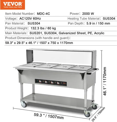 Vista 8 de Vevor - Calentador de alimentos comercial de 2 bandejas, mesa de vapor eléctrica de 2 x 20.6QT, calentador de alimentos para buffet de catering