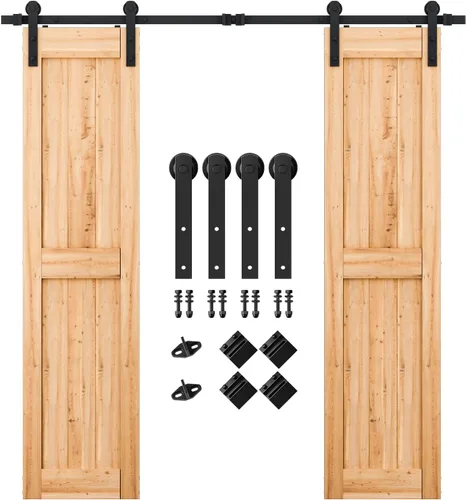 Vista 7 de SMARTSTANDARD Kit de herrajes para puerta corrediza de granero de doble puerta resistente de 5 pies, suave y silencioso, fácil de instalar, incluye