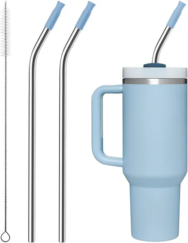 Vista 26 de Pajitas metálicas reutilizables con puntas de silicona para vaso Stanley de 30 oz, 2 piezas de pajitas de acero inoxidable de 30 oz de reemplazo