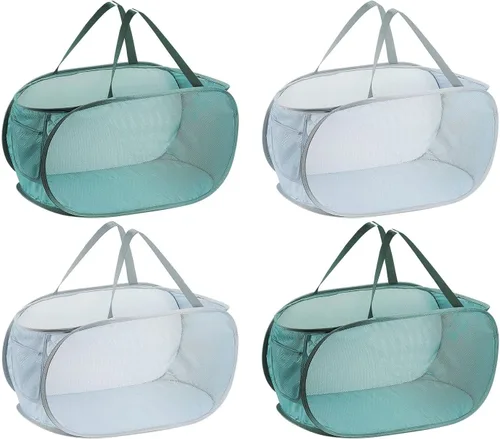 Vista 9 de 2 cestas de malla para la ropa sucia, canastas plegables para la ropa sucia, 75 litros, cesta de almacenamiento horizontal con bolsillo lateral