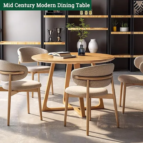 Vista 9 de Mesa de comedor moderna de mediados de siglo, mesas redondas de madera maciza para cocina y comedor, mesa de pedestal rústica, mesa de centro