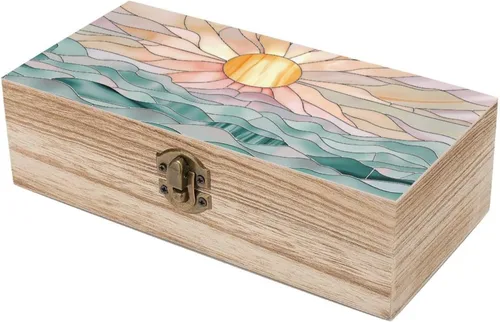 Vista 6 de Sunset Ocean Waves Wooden Storage Box with Hinged Lock,Decorative Handmade Keepsake Jewelry Chest, Elegant Retro Decor Boxes, Compact Organizer Box