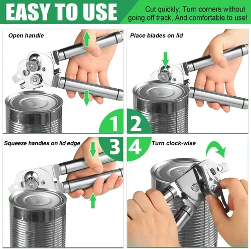 Vista 5 de Abridor de latas, de acero inoxidable, resistente, manual de abrelatas para cocina, borde liso, duradero, apto para alimentos, corte, 3 en 1