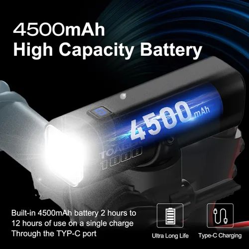 Vista 3 de Luz de bicicleta T1000 de 1000 lúmenes, 4500 mAh, USB tipo C, recargable, IPX6, luz delantera de bicicleta impermeable para carretera, urbana