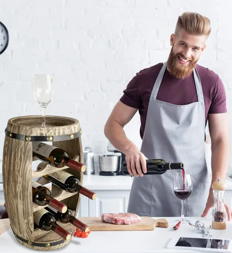 Vista 7 de CoTa Global Moderno Alexander - Soporte de vino de barril de madera independiente para 8 botellas de vino, soporte para botellas, soporte de suelo