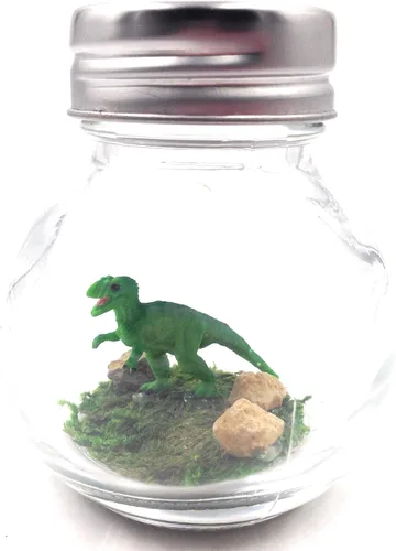 Vista 2 de Mini escritorio de dinosaurio de 1 pulgada T-Rex verde para mascotas con certificado de adopción