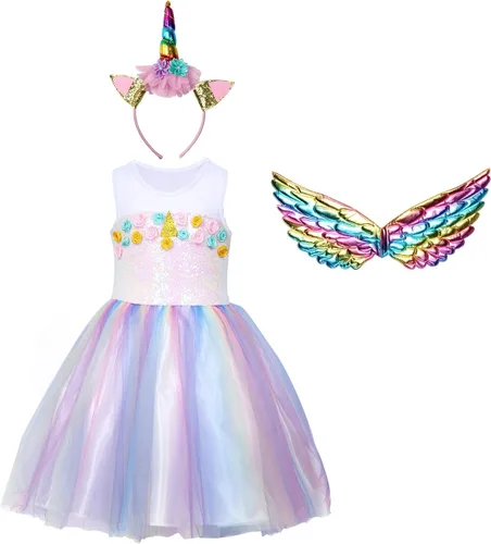Vista 4 de LIZHOUMIL Disfraz de princesa para niñas pequeñas, disfraz con diadema y alas de arco iris, perfecto para fiestas de cumpleaños