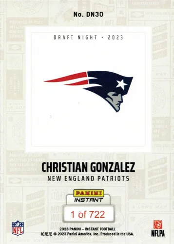 Vista 2 de Panini Instant Draft Night Football 2023 #DN30 Christian Gonzalez Rookie Card Patriots - ¡Solo 722 hechos!