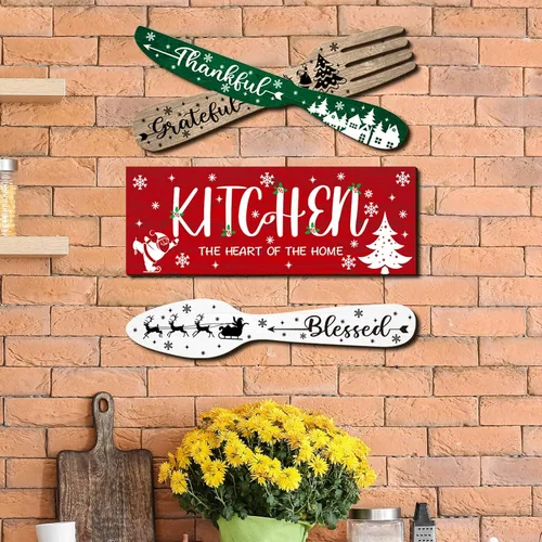Vista 6 de YLOLUL Juego de 4 letreros navideños para cocina, tenedor y cuchara, decoración de pared colgante de madera, arte rústico de granja, cocina, Navidad