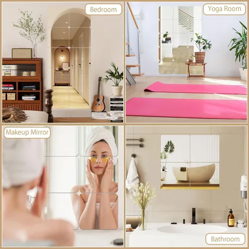 Vista 4 de JUNEBRUSHS Paquete de 4 Espejos Acrílicos Autoadhesivos, Azulejos de Espejo de 8 x 8 Pulgadas, Hojas de Espejo de Plástico Flexibles Adhesivas