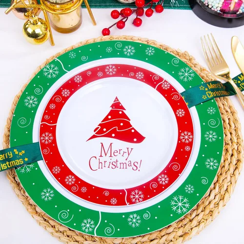 Vista 2 de Rubtlamp 60 platos de plástico de Navidad, platos de plástico blanco con árbol de Navidad rojo y verde, plato desechable para fiesta de Navidad