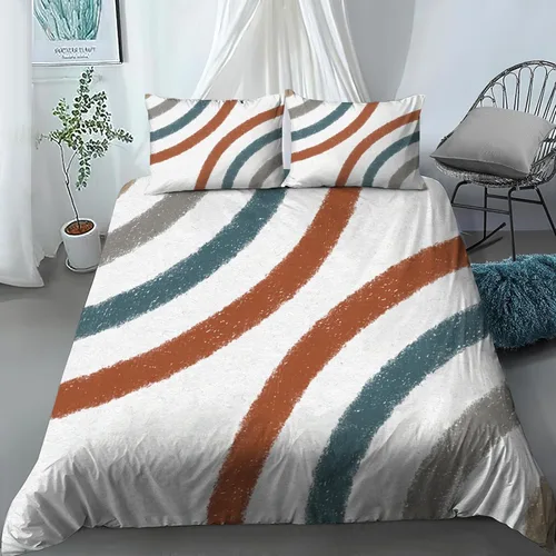 Vista 2 de Juego de ropa de cama de 3 piezas a rayas color marrón, gris y azul acuarela, juego de edredón bohemio de arco iris, funda de edredón acolchada