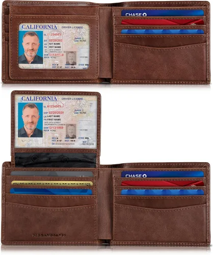Vista 8 de Cartera SERMAN BRANDS para hombre con bloqueo RFID, de piel, con 2 ventanas de identificación, plegable con tapa superior, billetera de viaje con A.