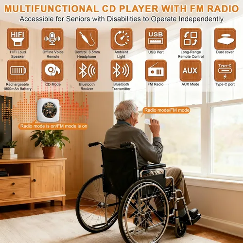 Vista 8 de Gueray Reproductor de CD Bluetooth portátil: Reproductores de CD de control de voz sin conexión para el hogar con control remoto de voz reproductor