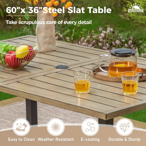 Vista 2 de SUNSHINE VALLEY Juego de comedor de patio de 7 piezas para 6, mesa de metal similar a la madera de 60 x 36 pulgadas con agujero para sombrilla y 6