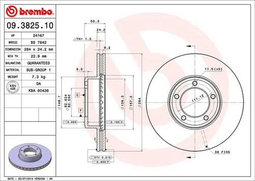 Vista 2 de Brembo 09.3825.10 Rotor de freno delantero ventilado estándar DAIMLER/JAGUAR OEM # CAC2647
