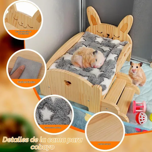 Vista 4 de BWOGUE Cama grande de madera de conejo, cama plegable 2 en 1 para mascotas con cojín reversible y almohada, fácil de montar, camas para animales