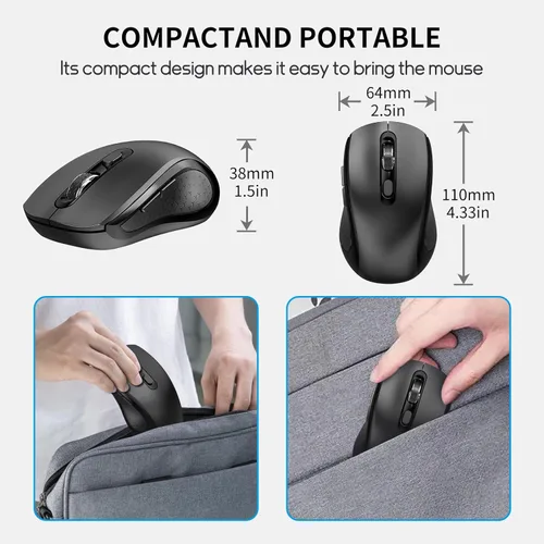 Vista 6 de Mouse inalámbrico con botones laterales para laptop, PC, Chromebook, Mac, MacBook, mouse silencioso con receptor USB nano, 1000/1600/2400 DPI, Negro