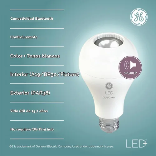 Vista 3 de GE LED+ A21 Bombilla LED, Luz LED Interior con Cambio de Color, Altavoz Inalámbrico Bluetooth con Control Remoto, 9W, Multicolor y Blanco Cálido