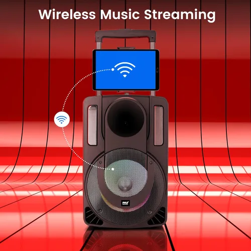 Vista 4 de Pyle Sistema de altavoces PA portátil de 8 pulgadas, altavoz PA y karaoke de 280 vatios con dos micrófonos inalámbricos y 1 con cable, transmisión