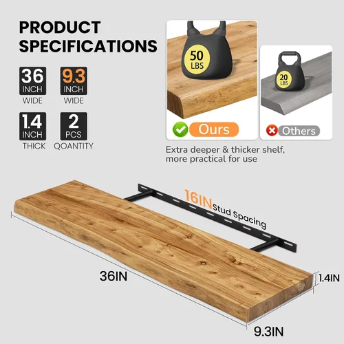 Vista 3 de Estantes flotantes para pared, 36"x9.3" estantes de pared de madera de olmo rústica sólida con borde vivo, estantes flotantes resistentes con Olmo