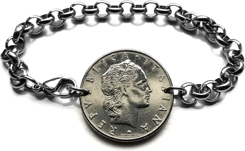 1959 Italia 50 Lira moneda italiana joyería pulsera laureado Vulcan herrero Roma Florencia Milano Venecia Torino Palermo Siena Bolonia Módena Lecce