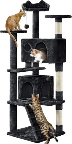 Vista 28 de Yaheetech - Torre de árbol para gatos de 54 pulgadas, con postes para arañar, condominios dobles y bolas colgantes, para gatitos, casa