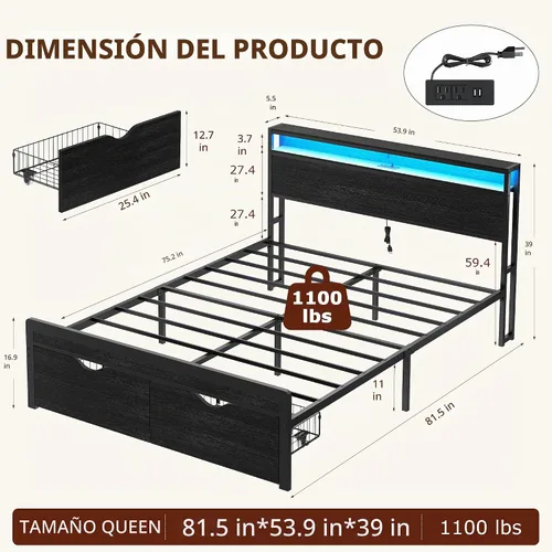 Vista 2 de FAVOOSTY Base de cama de tamaño matrimonial con cabecera de 2 niveles, plataforma de metal con 2 cajones de almacenamiento, luces LED y estación