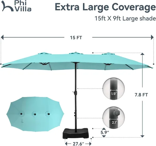 Vista 15 de PHI VILLA Sombrilla grande de 15 pies para patio con base incluida, sombrilla de doble cara rectangular para exteriores de gran tamaño con soporte