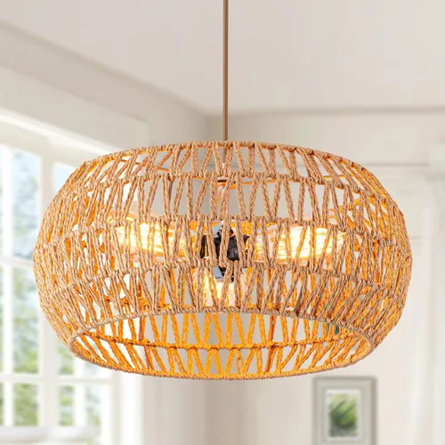 Lámpara de ratán para comedor, lámpara colgante estilo bohemio, lámpara colgante para montaje en techo, pantalla tejida a mano, lámpara de 3 luces,