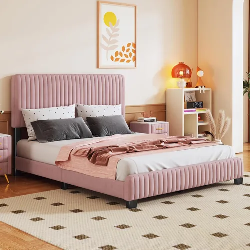 Vista 38 de Elegante cama con plataforma tapizada de terciopelo de tamaño Queen con cabecero, para niños, niñas y adolescentes (beige @cabecero/, Queen)